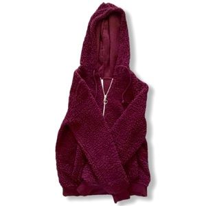 Oversized Burgundy Maroon Brick Half Zip Sherpa Pullover Hoodie